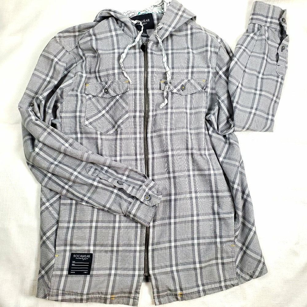 Rocawear Plaid Hooded XL Shirt Jacket Grey&White shacket